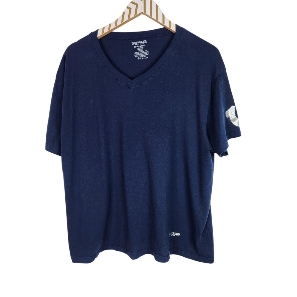 TRUE RELIGION Shirt Mens XL Blue V Neck Horseshoe Logo Cotton Short Sleeve Tee